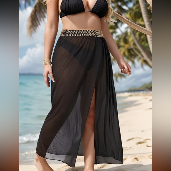 Black Mesh Gold Stitched Waistline Beach Cover-Up Skirt Plus-Sized - Picture 3 of 8